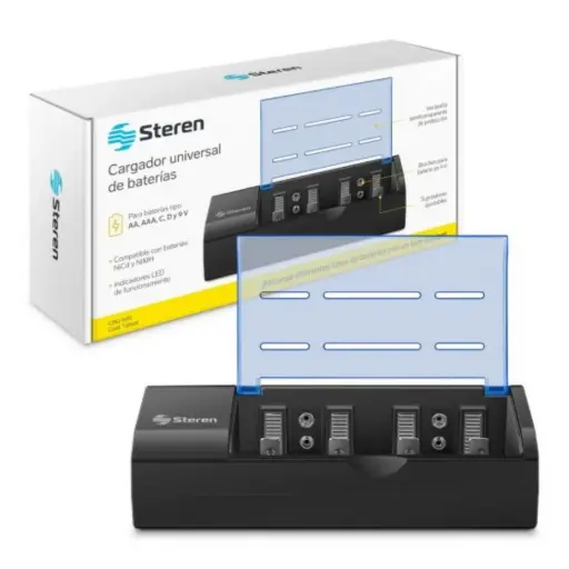 [cargador universal Steren CRG-500 es compatible con baterías recargables NiCd y NiMH de tamaños AA, AAA, C, D y 9V.El dispositivo cuenta con indicadores LED de funcionamiento y una tapa protectora semitransparente.]  CARGADOR DE PILAS AA - AAA - 9V