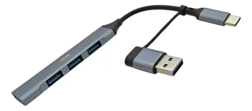 [Hub expansor USB-C 3.0 compatible con DESKTOP y NOTEBOOK con 4 USB 3.0+Convertidor USB-C Hembra a USB 3.0 Macho. Amplia la capacidad de puertos USB en su equipo para lectura de información (no compatible con carga), le permite conectar hasta 4 dispositivos en 1 sola entrada USB de su PC. No requiere instalación.   Su diseño ligero es conveniente para viajar. No necesita alimentación externa. Este dispositivo se convierte en una práctica y conveniente herramienta permitiendo conectar varios dispositivos a la vez sin que esto afecte el rendimiento del computador  Especificaciones:  Tipo de interfaz: USB-C a USB 3.0 Interface: USB-C Macho a USB 3.0+Convertidor USB-C Hembra a USB 3.0 Macho Longitud de la línea: 10 CM Especificaciones USB: USB-C a USB 3.0 Velocidad de transferencia USB 3.0: 5,0 Gbps (640 MB/s), para lograr esta velocidad el hub debe conectarse al puerto USB 3.0 del computador. Chip controlador: 8836A Ordenador aplicable: compatible con todos los ordenadores con puerto USB y OS Windows y Mac. Color: Gris espacial. Material: Aluminio Tamaño: 8.2x1.7x0.6 cm] HUB SLIM TIPO C A 4 PUERTOS USB XUE